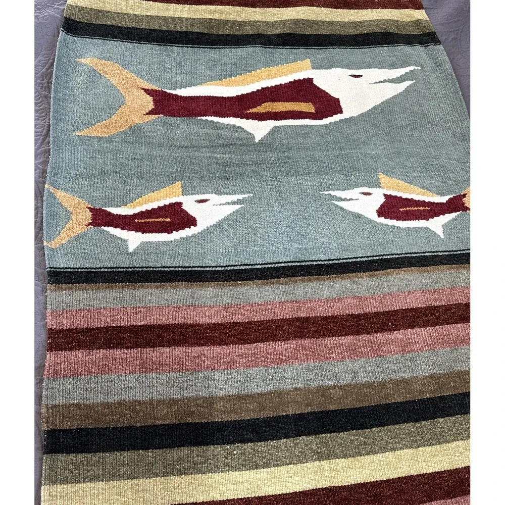 Hand Woven Colorful Fish Blanket Rug Tapestry Native ‎ Cabin Lodge Camp 80x48